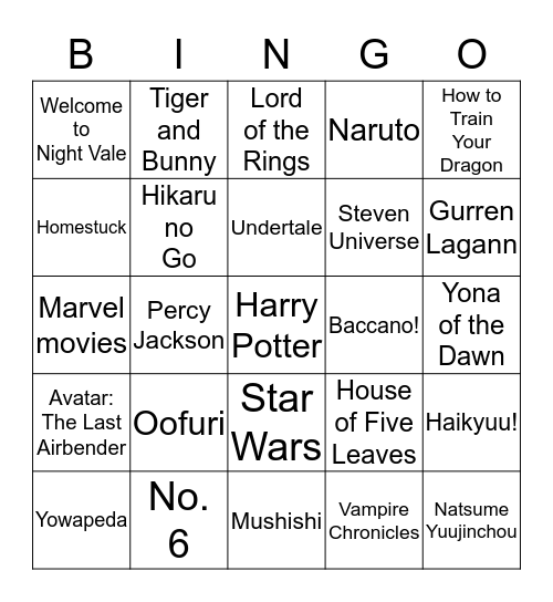 Ten's Fandom Bingo! Bingo Card