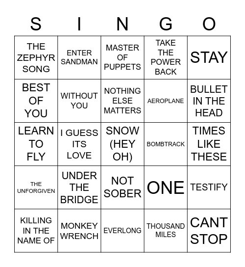 805 RHCP VS FOO FIGHTERS VS METALLICA VS RAGE AGAINST THE MACHINE VS KID LAROI Bingo Card