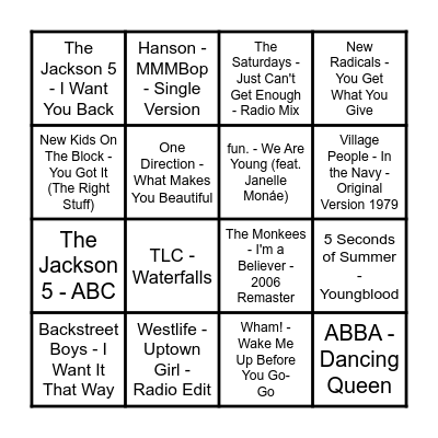 Prince Music Bingo - Boybands & Girl Groups Bingo Card