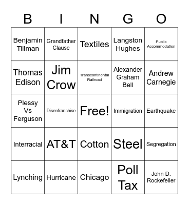 Unit 10 Changing America Bingo Card