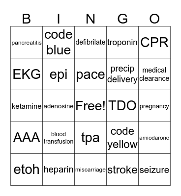 E.R.  BINGO Card