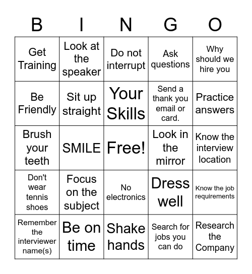 Interviewing For A Job Bingo Card