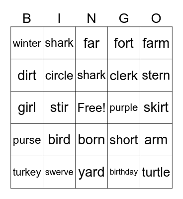 R controlled words Bingo Card
