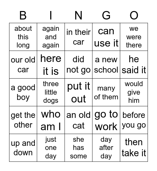Fry Phrases Grade 1 Bingo Card