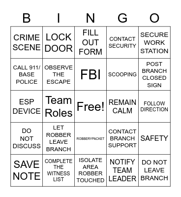 ROBBERY STAND DOWN Bingo Card