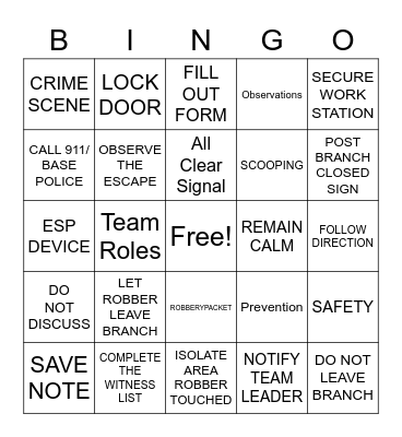 ROBBERY STAND DOWN Bingo Card