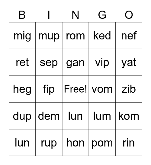 Nonsense Word Bingo Card