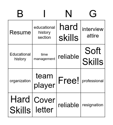Job readiness bingo Card