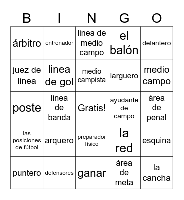 Vocabulario de Fútbol Bingo Card