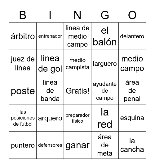 Vocabulario de Fútbol Bingo Card