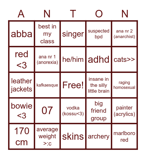 Anton bingo Card