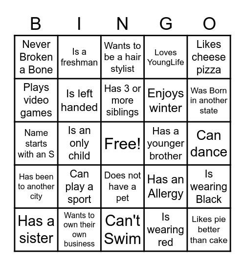 YoungLife Mingle Bingo Card