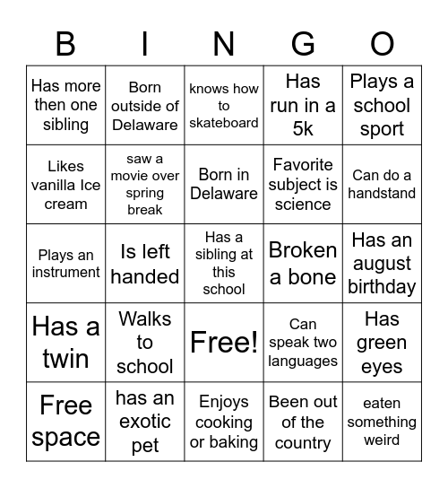Classroom Bingo Card