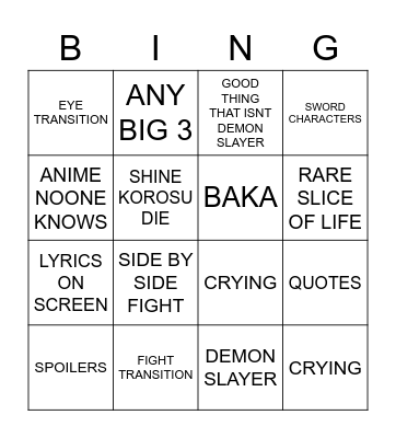 AMV Bingo Card