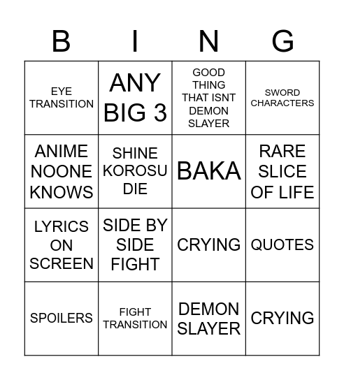 AMV Bingo Card