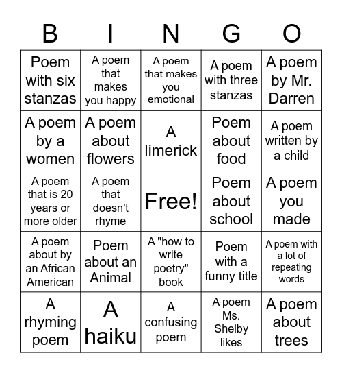 Poetry Bingo Scavenger Hunt Bingo Card