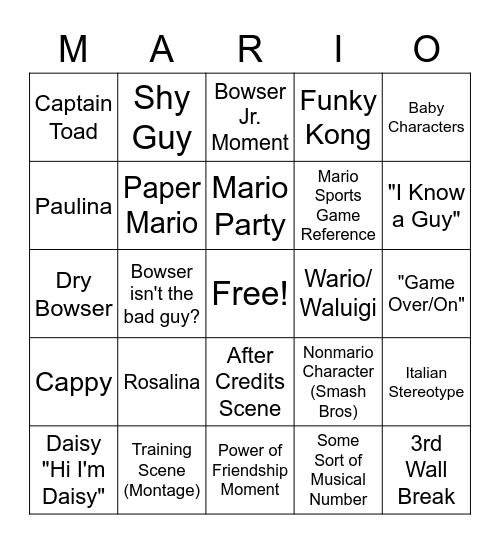 Mario Movie Bingo Card