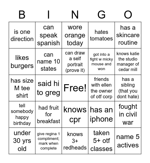 cedar mill bingo Card