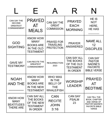 SUNDAY SCHOOL 2023 KNOW OR Bingo Card
