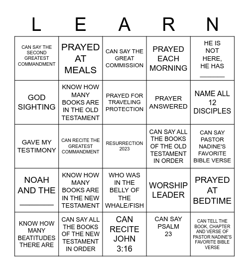 SUNDAY SCHOOL 2023 KNOW OR Bingo Card