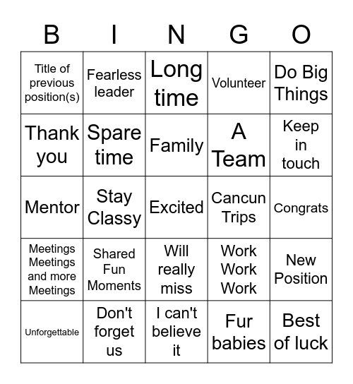 Farewell Bingo Card