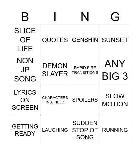 AMV Bingo Card