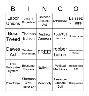 Gilded Age Bingo Card