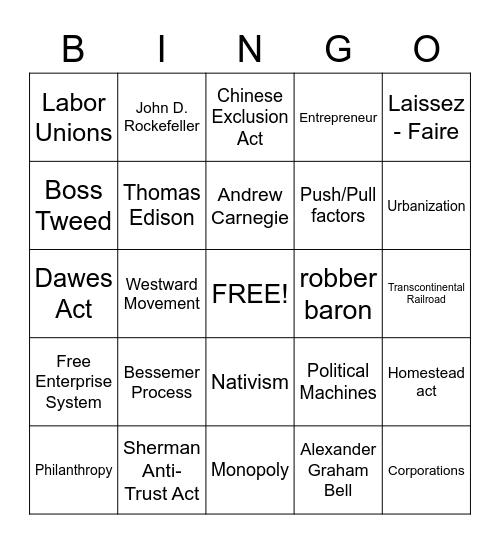 Gilded Age Bingo Card