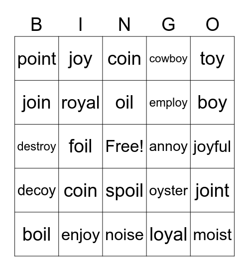 Dipthongs OY OI Bingo Card