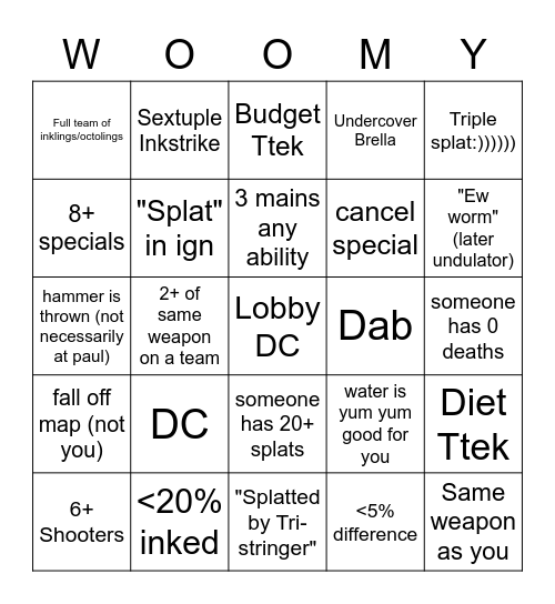 Splatoon 3 Bigno Bingo Card