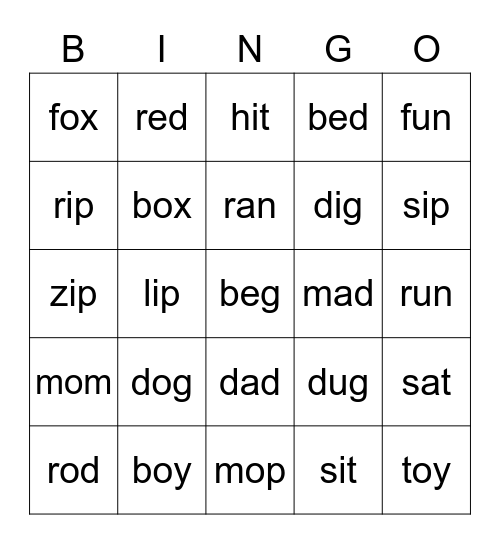 CVC Words Bingo Card