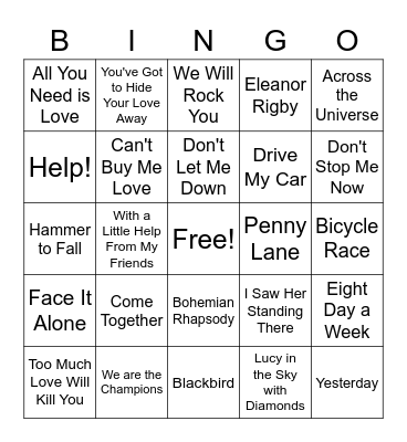 The Beatles vs. Queen Bingo Card