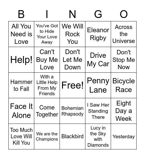 The Beatles vs. Queen Bingo Card