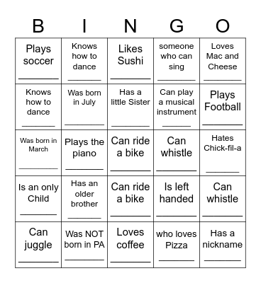 YOUTH HUMAN BINGO Card