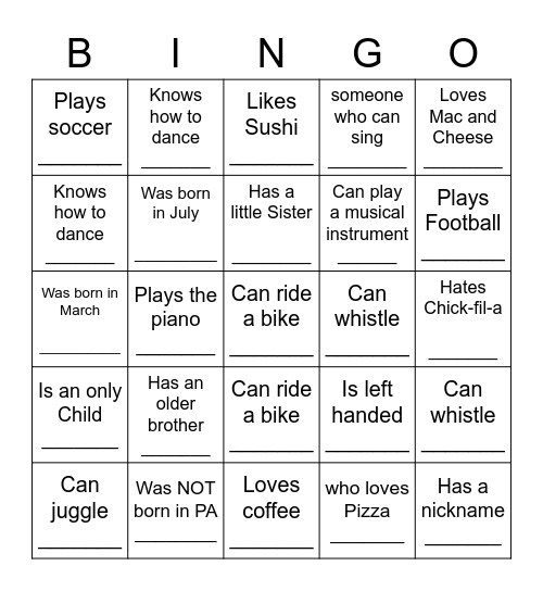 YOUTH HUMAN BINGO Card