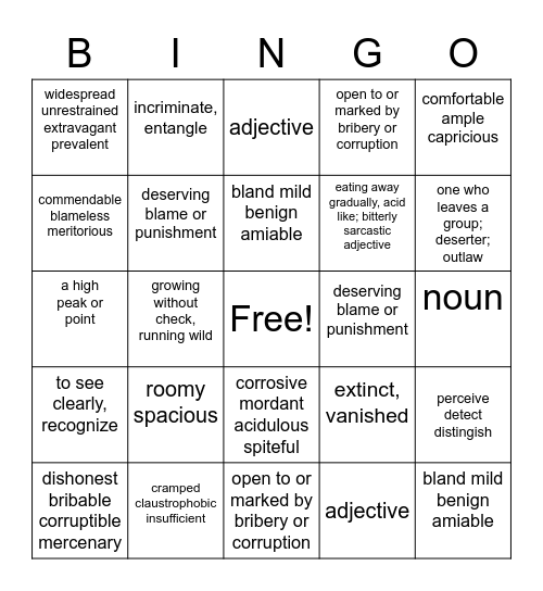 Vocabulary 11-12 Bingo Card