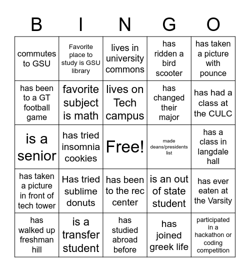 GWC GSU X GT Bingo Card