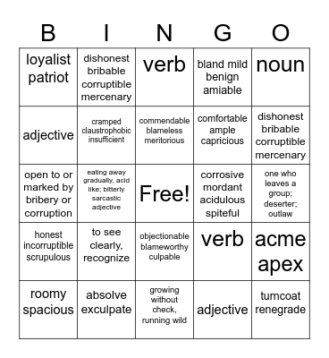 Vocabulary 11-12 Bingo Card