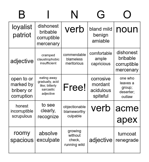 Vocabulary 11-12 Bingo Card