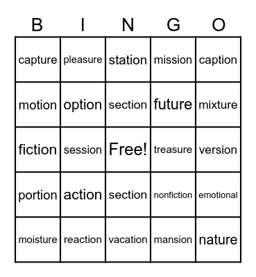 -tion, -sion, -ture, -sure Bingo Card