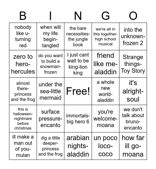 Joe Knows Disney Bingo Card