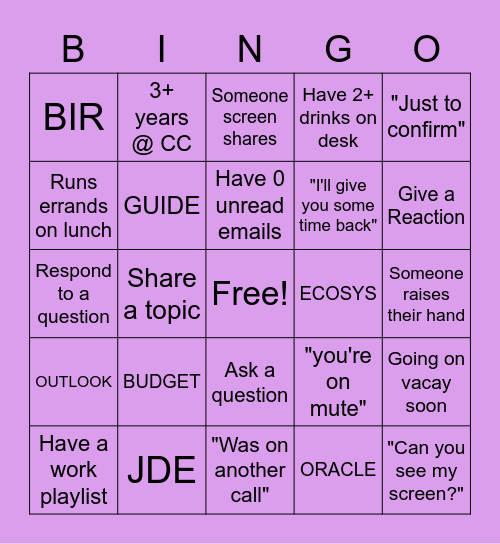 Teams Staff Call BINGO Card