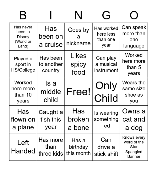 Co-worker Bingo Card