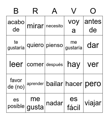 Review Game Spanish I Bingo Card