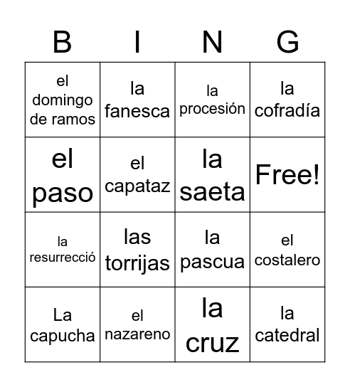 Semana Santa Vocab Bingo Card