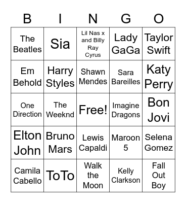 Pop Music Bingo Card