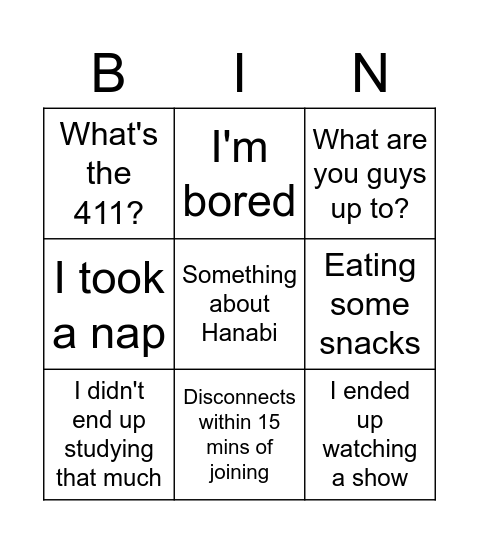 What Sherry will say when she comes back Bingo Card