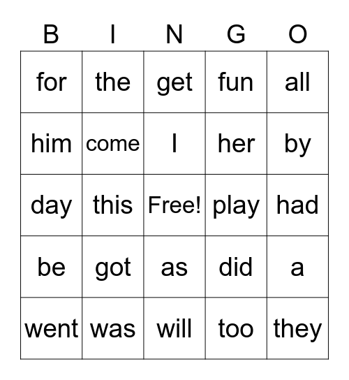 Evie's Snap Word Bingo Card