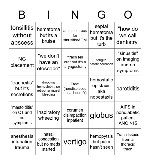 ENT Call Bingo Card