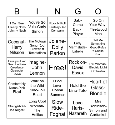 Straight 70's Bingo Card